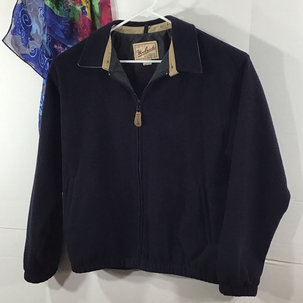 Woolrich Vintage Dark Blue wool bomber zip front Jacket with tan accents L